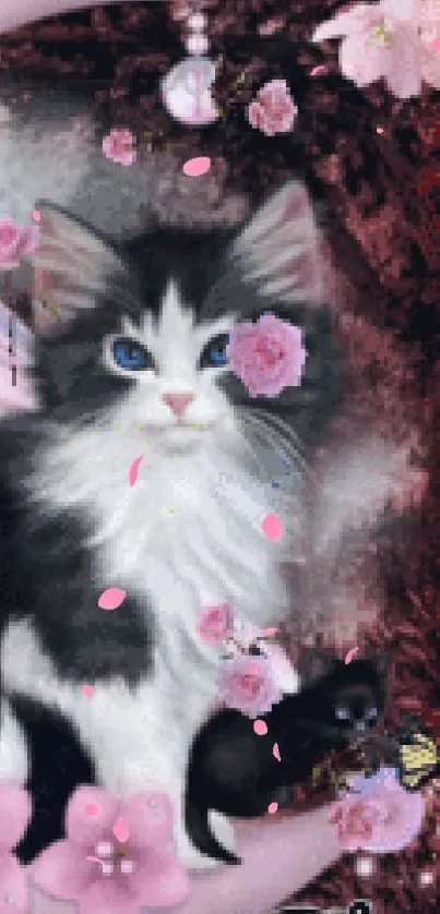 Cute kitten with wings on pink crescent moon, surrounded by butterflies.