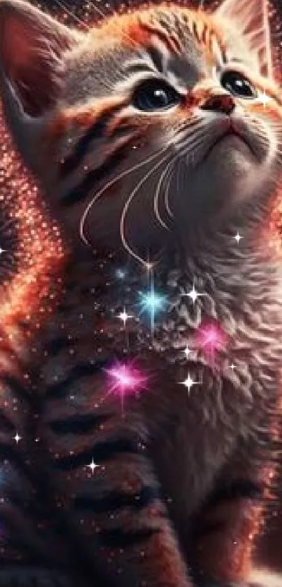 Magical kitten wallpaper with sparkling stars and vibrant colors.