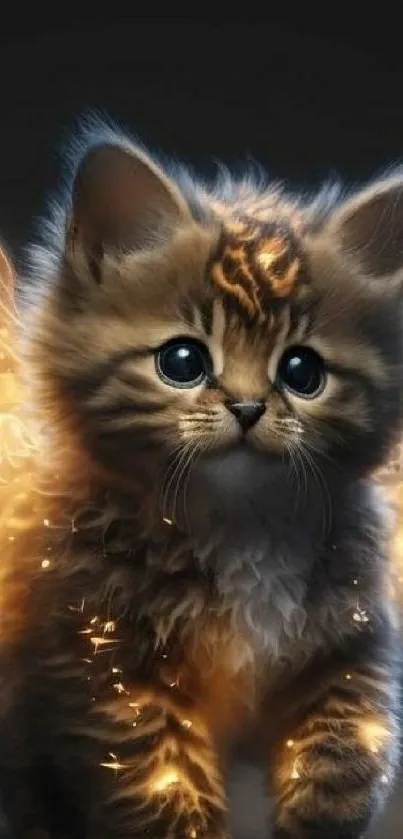 Cute kitten with glowing fairy wings in a fantasy setting.