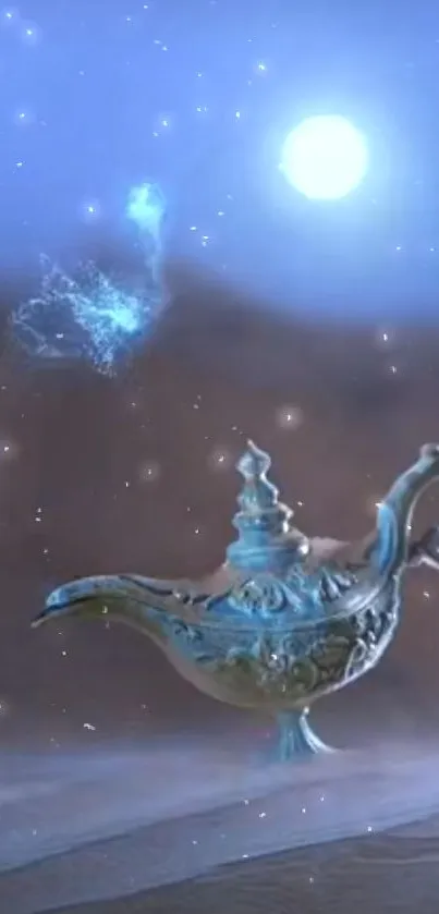 Fantasy wallpaper with a magic lamp under a blue starry sky and moon.