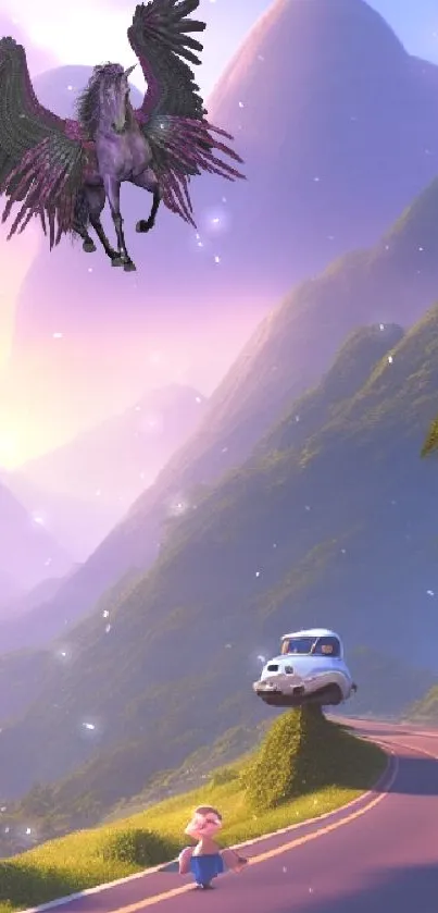 A Pegasus flies over a picturesque, colorful mountain landscape with a floating car.