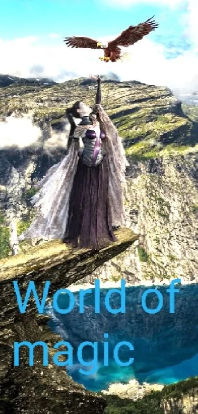 A fantasy figure and eagle over a stunning blue mountain landscape.