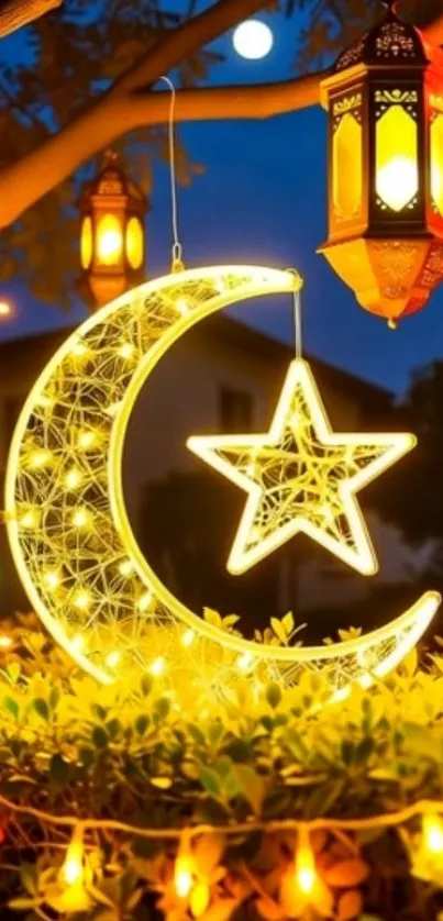 Illuminated crescent moon and star lantern in a serene night setting.