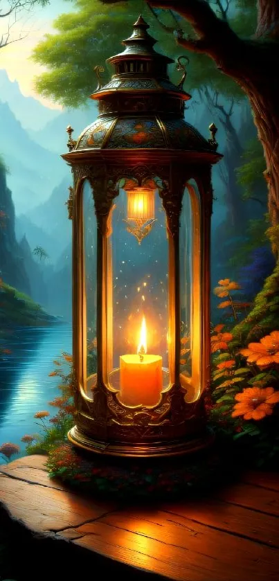 A medieval lantern glows in a lush, magical forest with a stream.