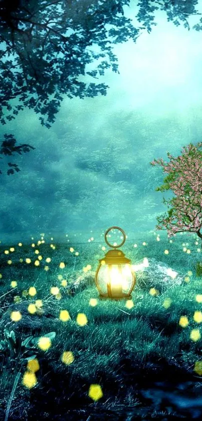 Magical forest scene with lantern and fireflies on mobile wallpaper.