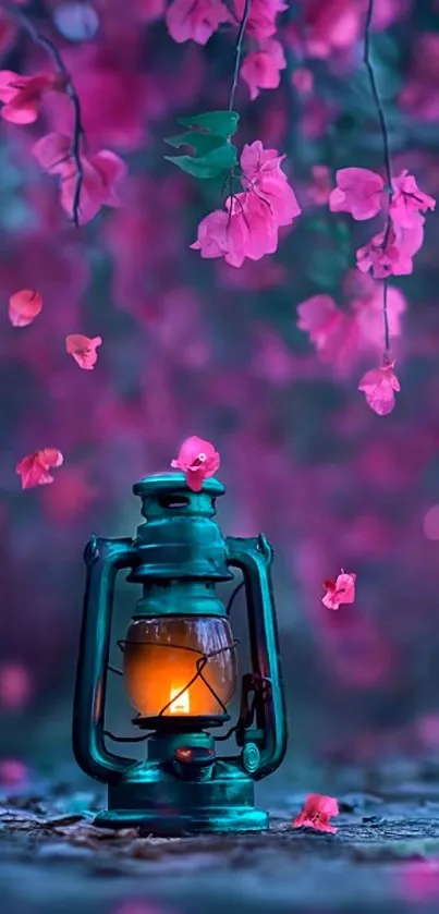 Enchanted pink blossom scene with lantern.