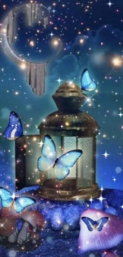 Magical lantern surrounded by blue butterflies and stars.