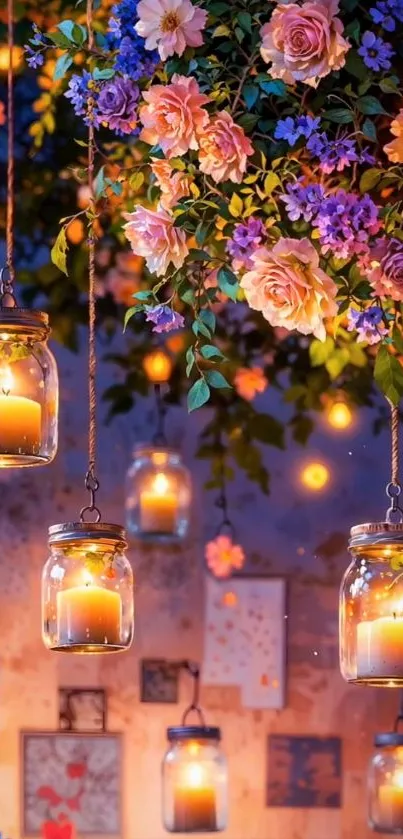 Glowing lanterns in a vibrant flower arrangement.