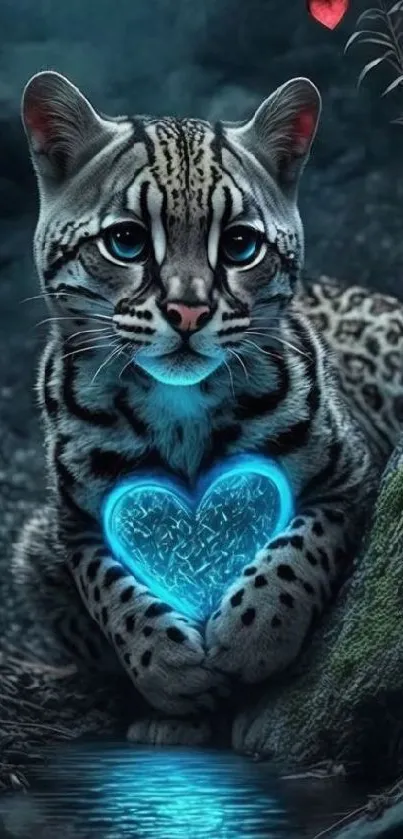 Fantasy wallpaper of a magical leopard with a glowing blue heart in a forest.
