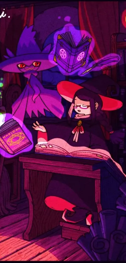 Anime style art in a magical library with a witch.