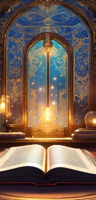 Open book in a magical library with glowing lights and ornate details.