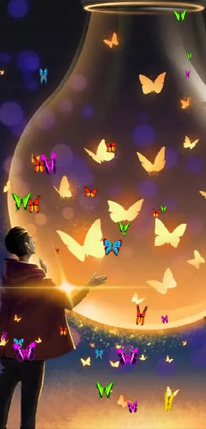 Fantasy wallpaper with glowing lightbulb and butterflies.