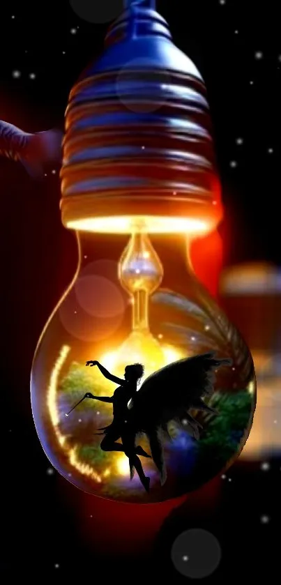 A fantasy light bulb with a fairy silhouette and glowing colors.