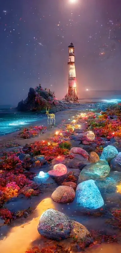 Magical lighthouse on a colorful, starry seashore with vibrant glowing rocks.