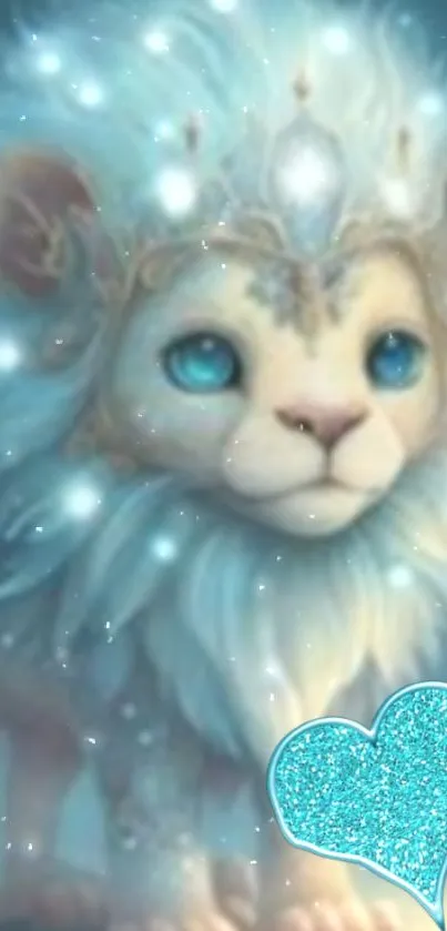 Magical lion cub with blue heart design in fantasy art style.