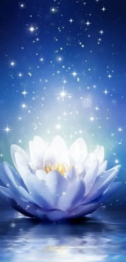 Luminous lotus in starry night sky wallpaper.