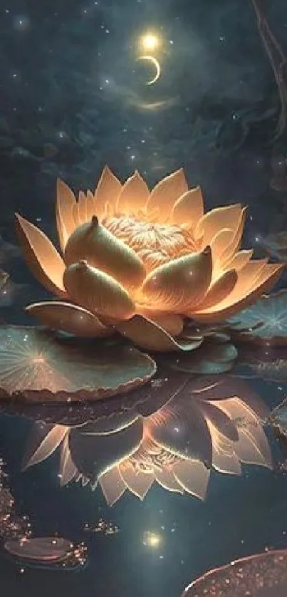 Mobile wallpaper of a glowing lotus under a crescent moon reflecting in water.