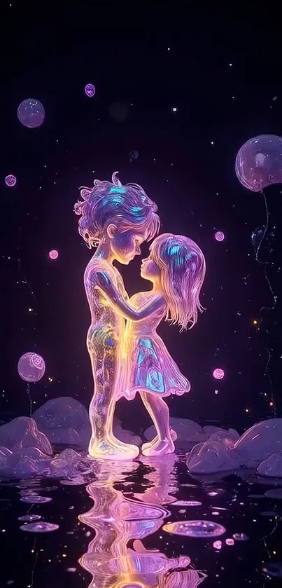 Glowing figures embracing in a cosmic landscape with purple hues.