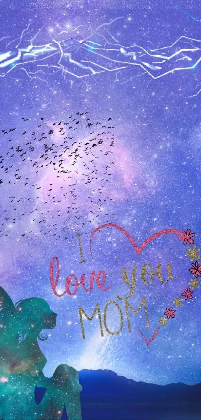 Magical fairy and 'Love You Mom' message on a cosmic purple background.