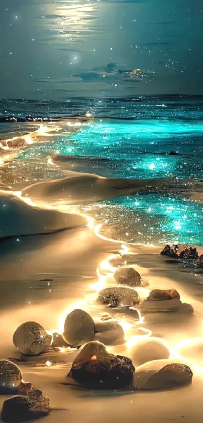 Enchanting night scene with glowing beach under a full moon.