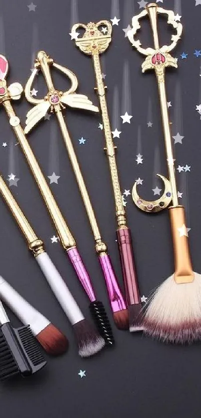 Whimsical makeup brushes with gold accents on a black background.