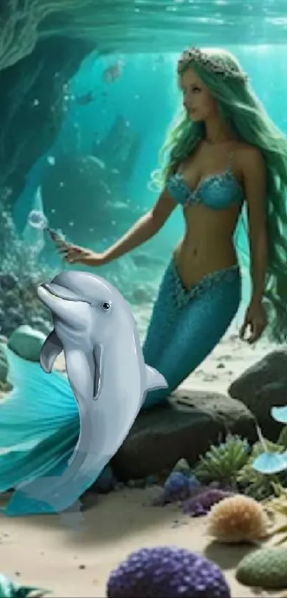 Fantasy mermaid with dolphin in ocean