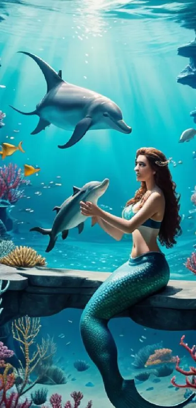 Mermaid with dolphins in a vibrant underwater scene with corals.