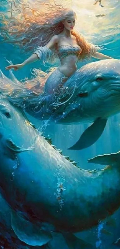 A magical scene with a mermaid riding whales underwater.