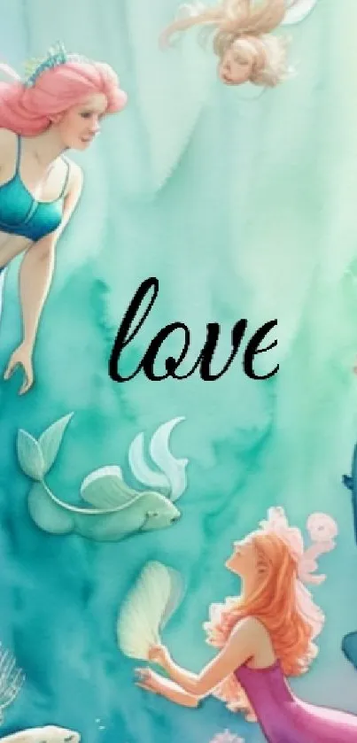 Enchanting watercolor mermaid scene with the word 'love' in vibrant ocean hues.