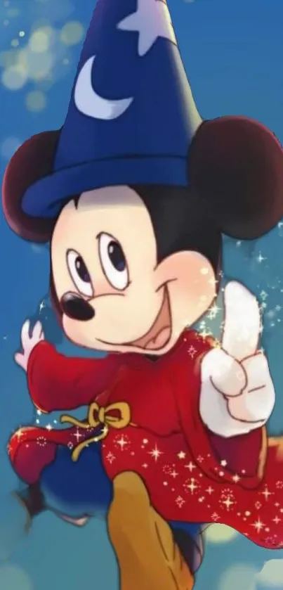 Mickey Mouse in wizard attire with a vibrant blue background.