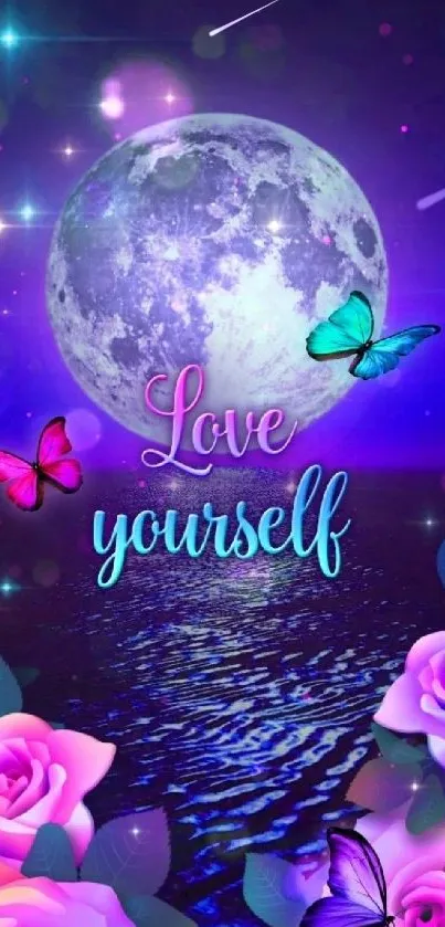 Purple moonlit night with roses, butterflies, and 'Love Yourself' text.