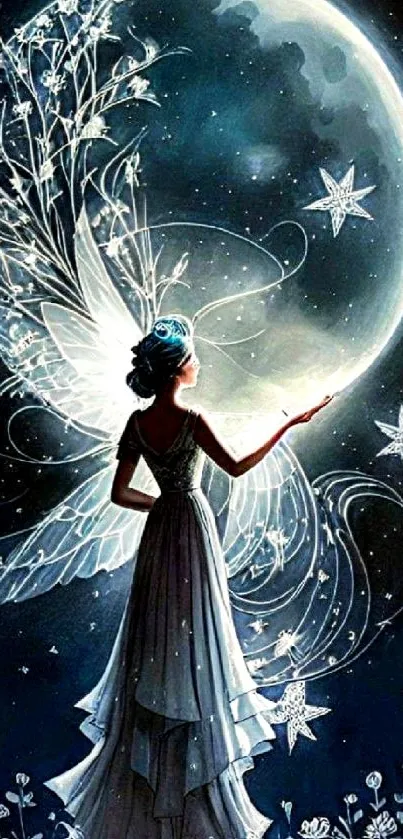 Fairy standing gracefully under a moonlit sky with stars.