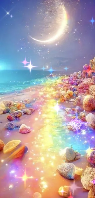 Magical moonlit beach with rainbow colors and shimmering stones.