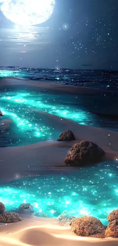 Moonlit beach with glowing turquoise waves and starry sky.