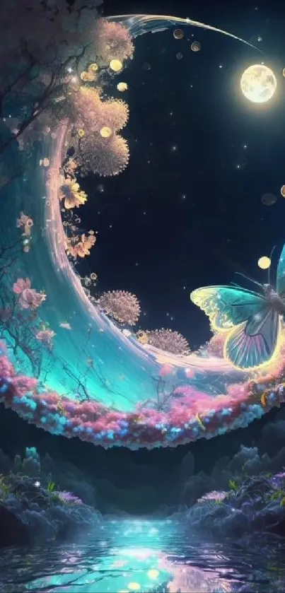 Magical moonlit landscape with butterfly and glowing stream wallpaper.