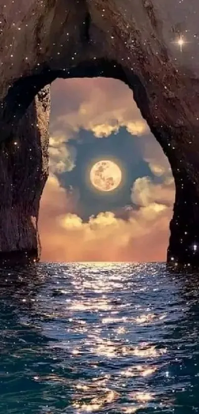 Beautiful moonlit cave view with stars and ocean.