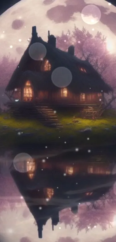 Magical cottage by the moonlit lake, reflecting the serene night scenery.