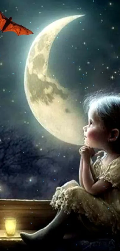 A child gazes at the crescent moon with butterflies fluttering in a starry night.