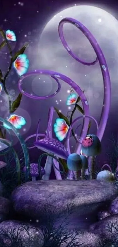 Magical purple fantasy wallpaper with moonlit scene and whimsical flowers.