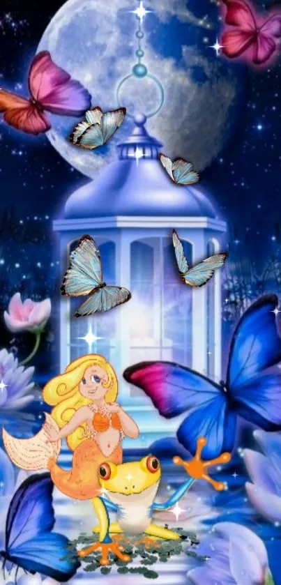 A magical fantasy wallpaper with butterflies, lantern, and moonlit sky.