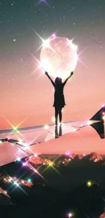 Silhouette on airplane wing reaching for the moon in a starry, pink-toned sky.