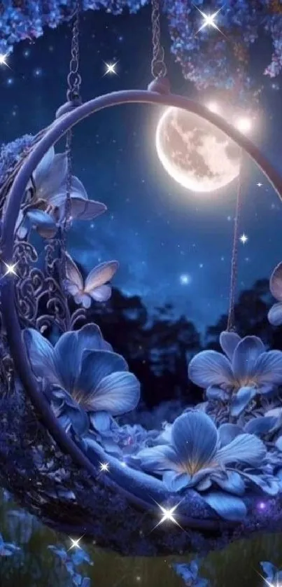 Magical blue floral swing under a moonlit night sky.