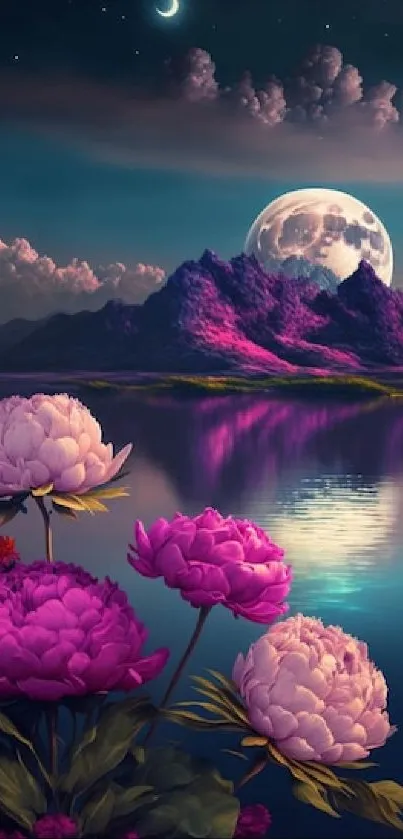 Moonlit landscape with flowers and serene water reflection.