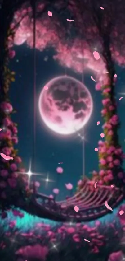 Magical floral swing under a moonlit sky with pink cherry blossoms.