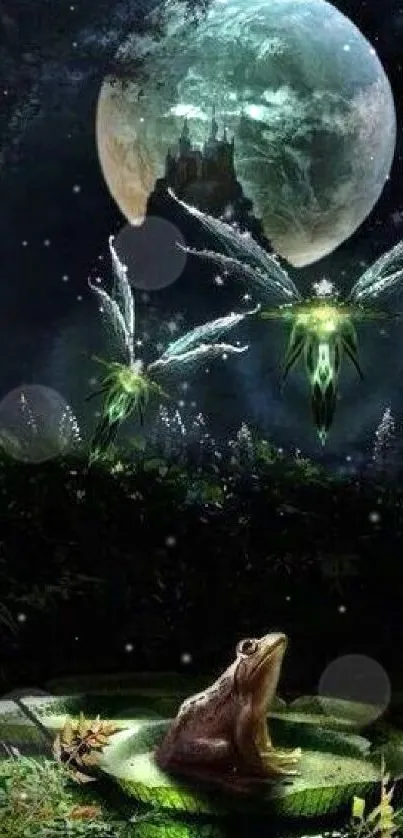 Magical scene of a frog in a moonlit forest surrounded by glowing fairies.