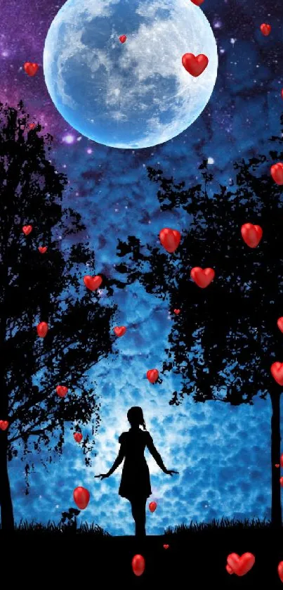 Silhouetted girl under moonlit sky with galaxy background on mobile wallpaper.