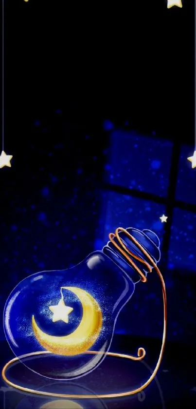 A moon inside a glowing lightbulb with stars in a dark blue night sky.