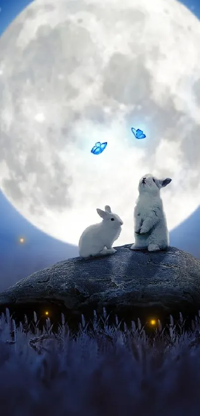 Two characters sit under a full moon in a magical night landscape.