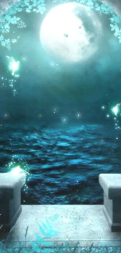 Magical moonlit ocean view with glowing fairies.