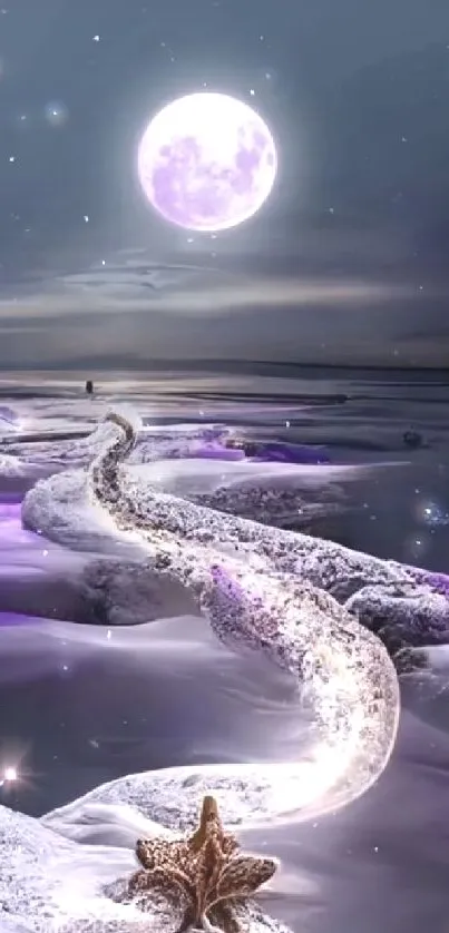 Path under a full moon with purple glow on icy stones.